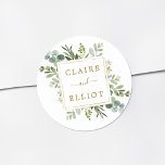 Botanical Gold Greenery Wedding Classic Round Sticker<br><div class="desc">This wedding sticker features painted watercolor eucalyptus greenery,  green leaves and a gold square frame. For more advanced customization of this design,  Please click the "Customize further" link.  Matching items are also available.</div>
