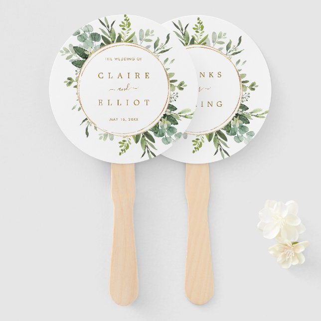 Botanical Gold Greenery Wedding Hand Fan (Front and Back)