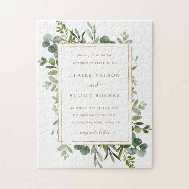 Botanical Gold Greenery Wedding Invitation Jigsaw Puzzle (Vertical)