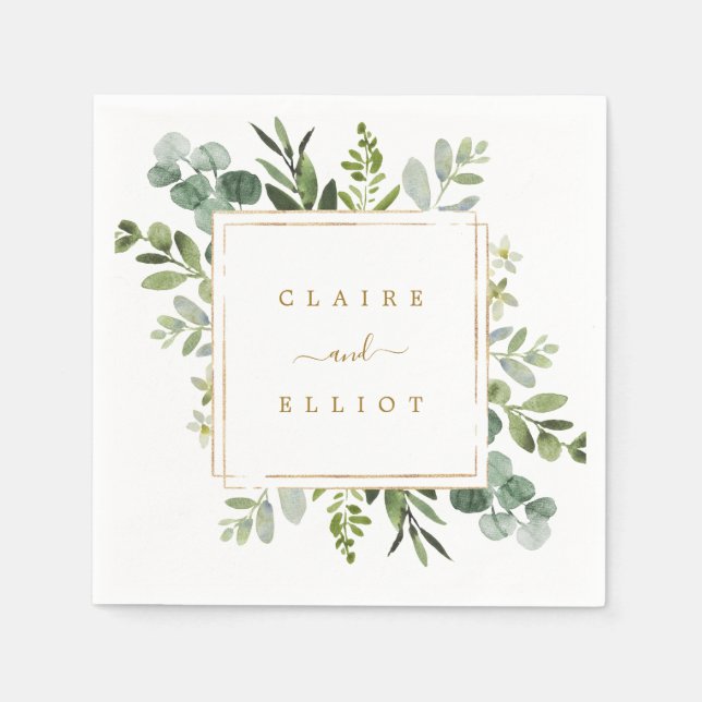 Botanical Gold Greenery Wedding Paper Napkins (Front)