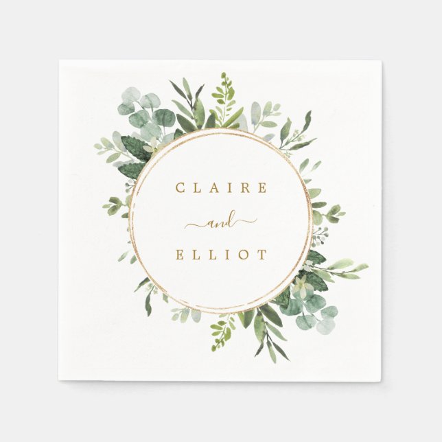 Botanical Gold Greenery Wedding Paper Napkins (Front)