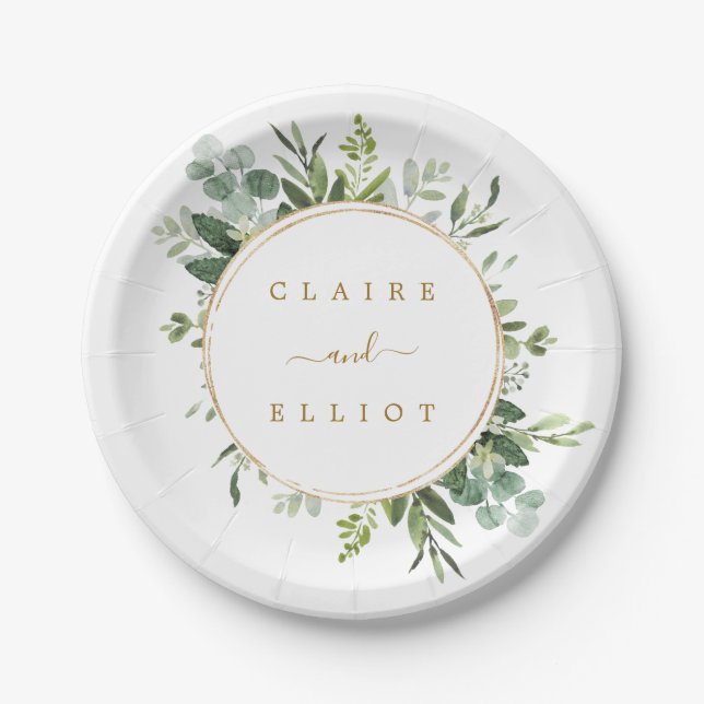 Botanical Gold Greenery Wedding Paper Plates (Front)