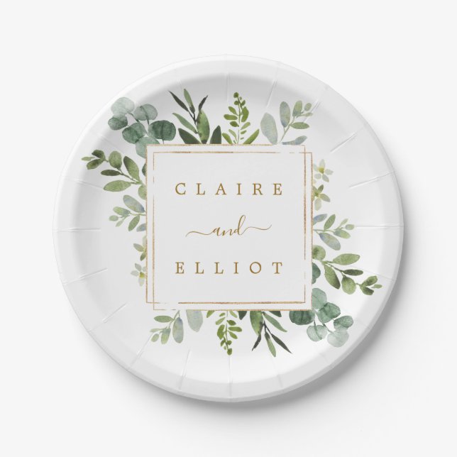 Botanical Gold Greenery Wedding Paper Plates (Front)