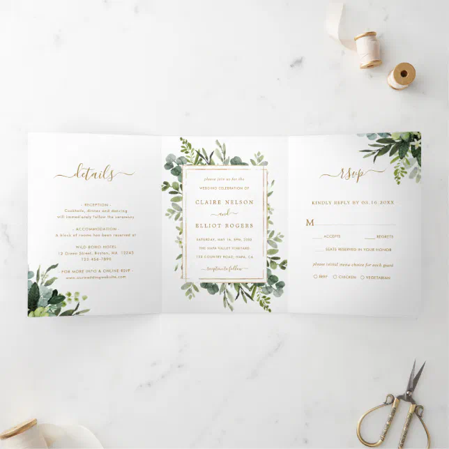 Botanical Gold Greenery Wedding Photo Tri-Fold Invitation | Zazzle