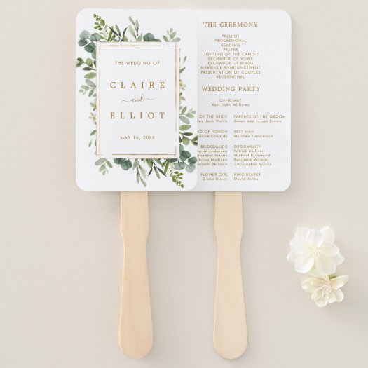 Botanical Gold Greenery Wedding Program Hand Fan