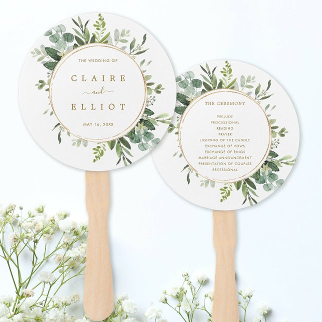 Botanical Gold Greenery Wedding Program Hand Fan (Front & Back)