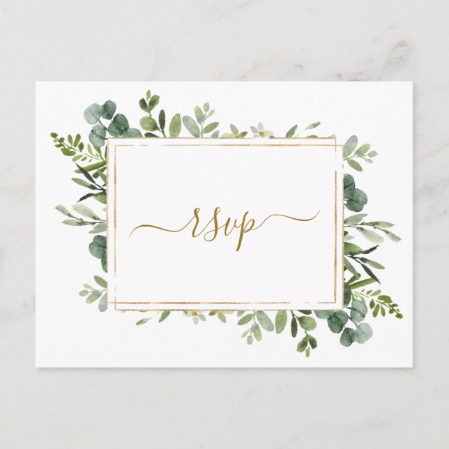 Botanical Gold Greenery Wedding RSVP Invitation Postcard (Front)