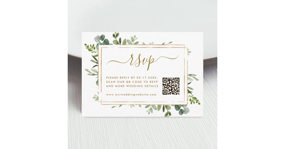 Botanical Gold Greenery Wedding RSVP with QR Code Enclosure Card | Zazzle
