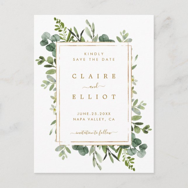 Botanical Gold Greenery Wedding Save the Date Announcement Postcard (Front)