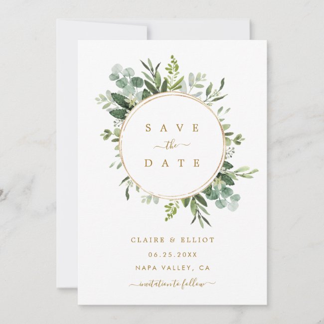 Botanical Gold Greenery Wedding Save the Date Card