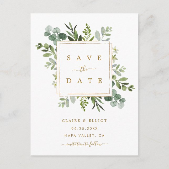 Botanical Gold Greenery Wedding Save the Date Card (Front)