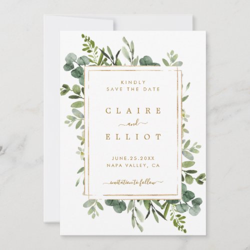 Botanical Gold Greenery Wedding Save the Date Card