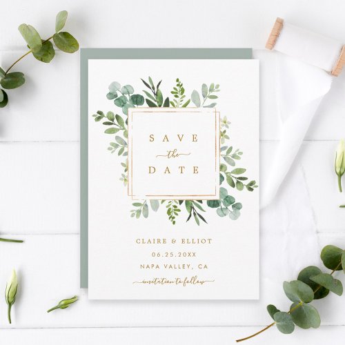 Botanical Gold Greenery Wedding Save the Date Card