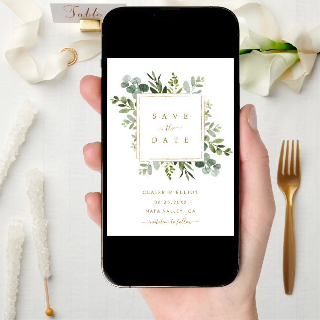 Botanical Gold Greenery Wedding Save the Date Card (Front Digital)