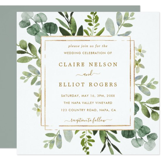 Botanical Gold Greenery Wedding Square Invitation