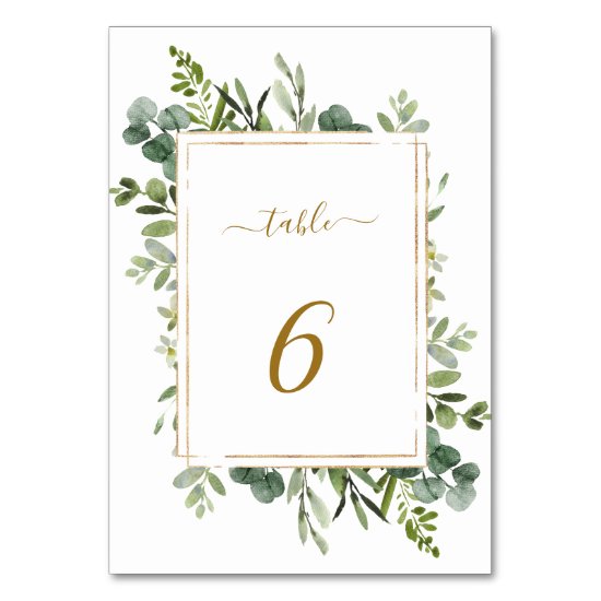 Botanical Gold Greenery Wedding Table Number