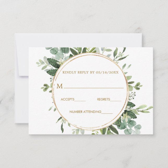Botanical Gold Greenery Wreath Wedding RSVP Card (Front)