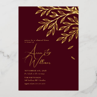 Botanical Gold Leaf Burgundy Rehearsal Dinner  Foil Invitation