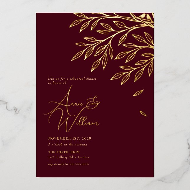 Botanical Gold Leaf Burgundy Rehearsal Dinner  Foil Invitation (Front)