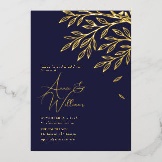 Botanical Gold Leaf Navy Rehearsal Dinner  Foil Invitation