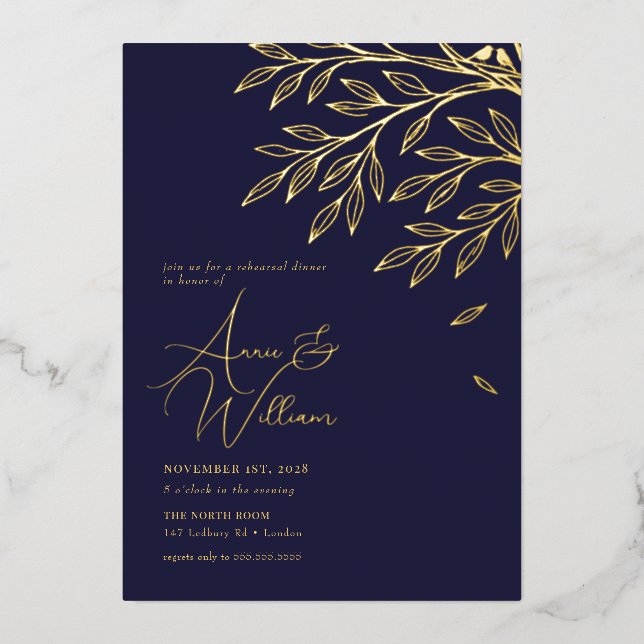 Botanical Gold Leaf Navy Rehearsal Dinner  Foil Invitation (Front)