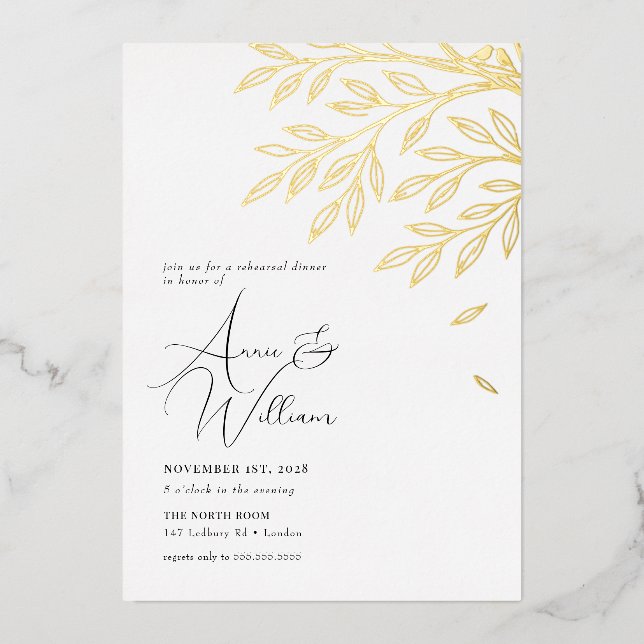 Botanical Gold Leaf Rehearsal Dinner Invitation Foil Invitation (Front)