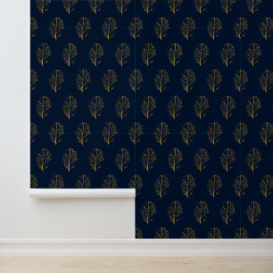Botanical Gold Leaves in Blue Floral Pattern Wallpaper