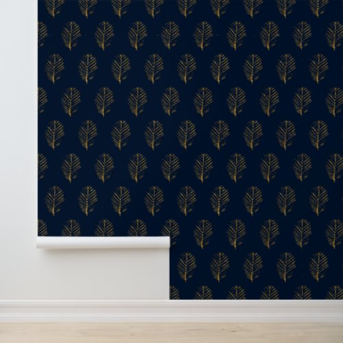 Botanical Gold Leaves in Blue Floral Pattern Wallpaper