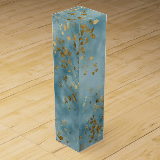 Botanical Gold Leaves Teal Background Wine Box