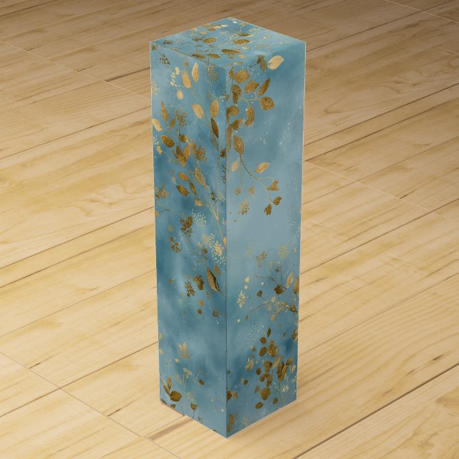 Botanical Gold Leaves Teal Background Wine Box (Back)