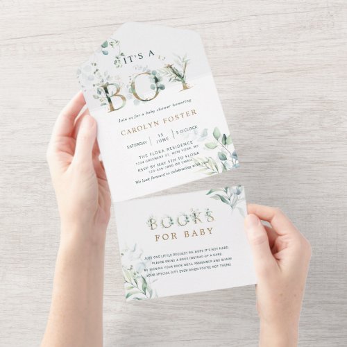 Botanical Gold Letter Baby Shower  Books For Baby All In One Invitation