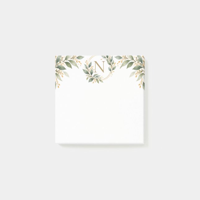 Botanical Gold Monogram Personalized Stationery Post-it Notes (Front)