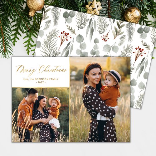 Botanical Gold Script 2 Photo Collage Christmas  Holiday Card