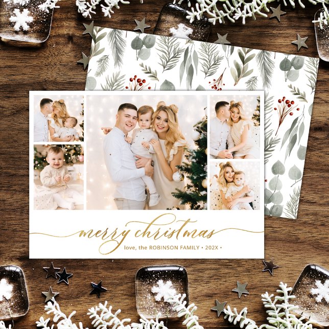 Botanical Gold Script 5 Photo Collage Christmas  Holiday Card (Creator Uploaded)