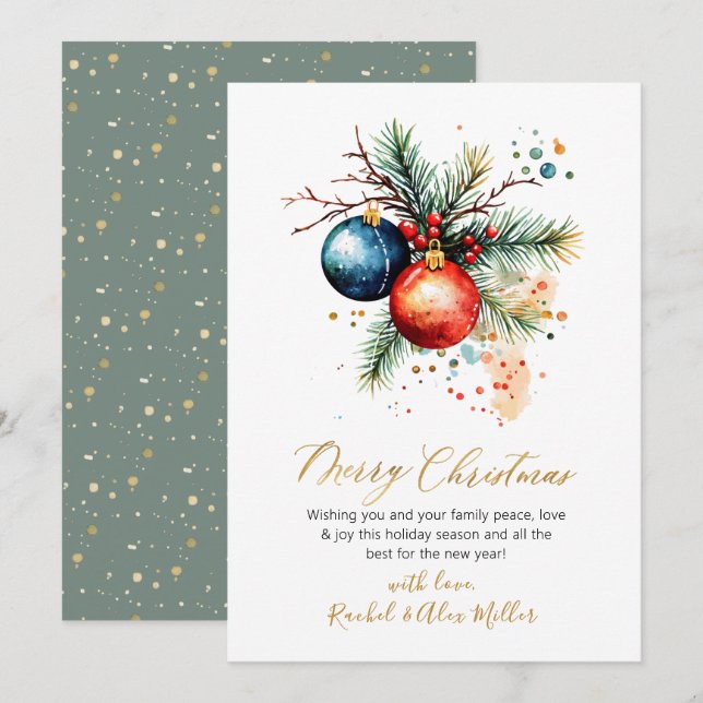 Botanical Gold Script Non Photo Merry Christmas Holiday Card (Front/Back)