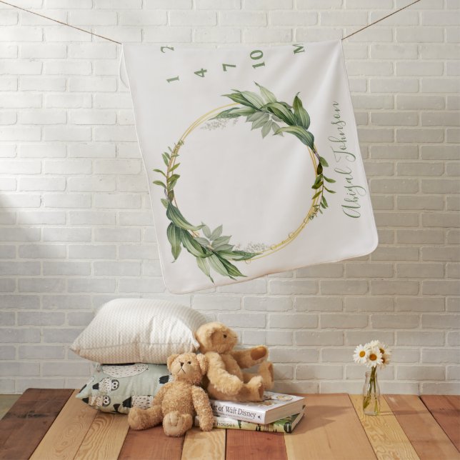 Botanical Gold Wreath Month Milestone Baby Blanket (In Situ)