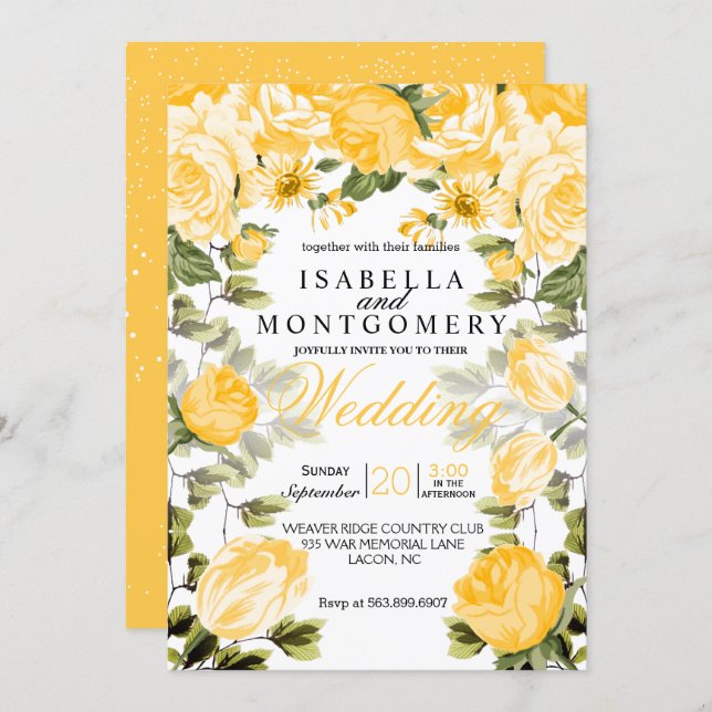 Botanical Golden Yellow Floral Wedding Invitation (Front/Back)
