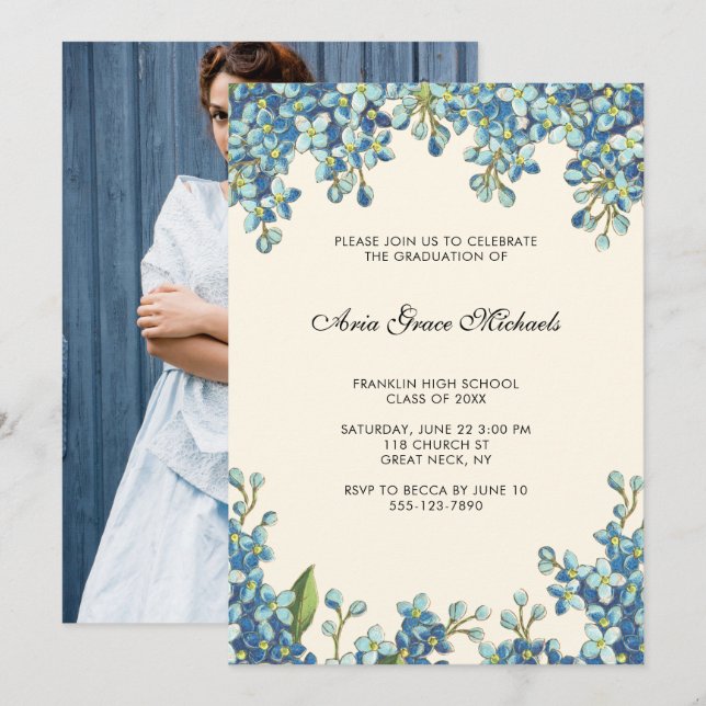 Botanical Graduation Party Photo Invitation Blue (Front/Back)