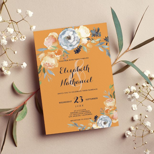 Botanical gray orange white floral wedding  invitation (Botanical gray orange white floral wedding )