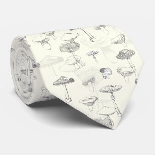Botanical Gray White Forest Mushroom Pattern Neck Tie