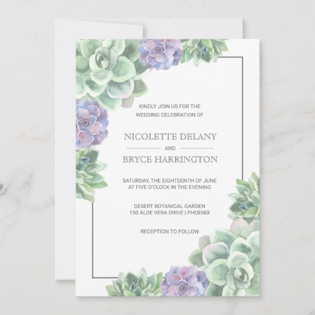 Botanical Green and Purple Succulent Wedding Invitation (Front)