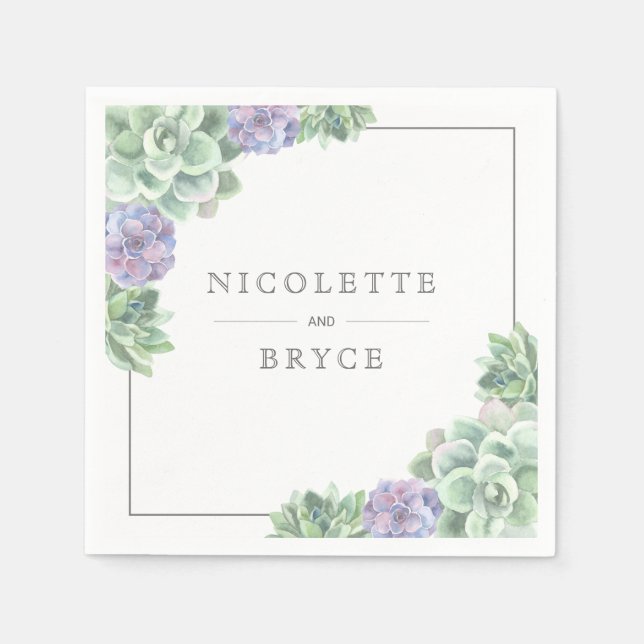 Botanical Green and Purple Succulents Wedding Napkins (Front)