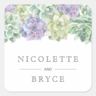 Botanical Green and Purple Succulents Wedding Square Sticker
