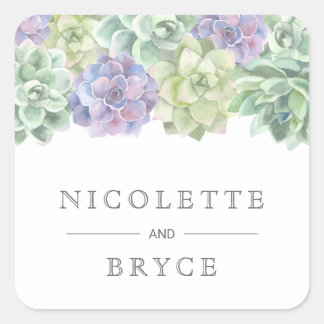 Botanical Green and Purple Succulents Wedding Square Sticker