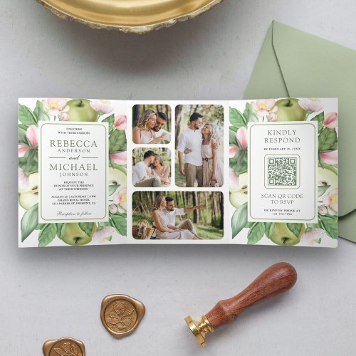 Botanical Green Apple Orchard QR Code Wedding Tri_Fold Invitation