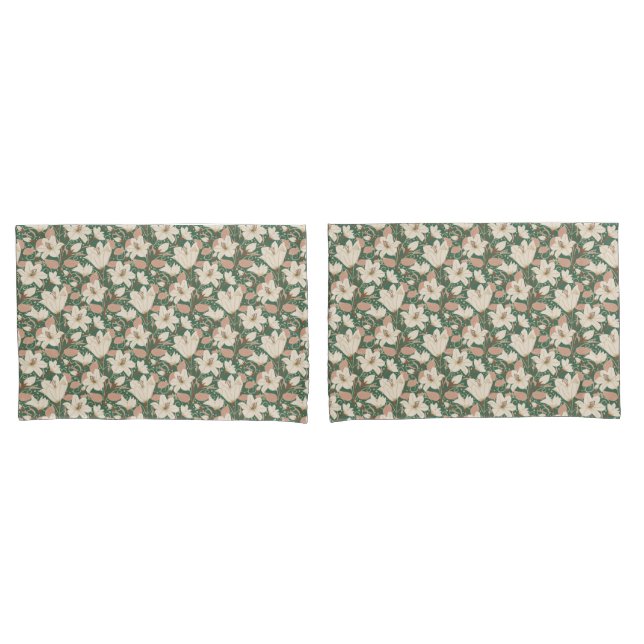 Botanical Green Beige Lily Floral Pattern   Pillow Case (Front-Set)