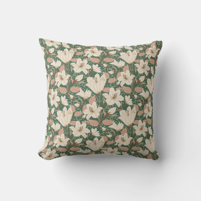 Botanical Green Beige Lily Floral Pattern   Throw Pillow (Front)