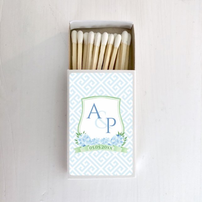 Botanical Green Blue And White Wedding Monogram Matchboxes (Elegant botanical hydrangeas pale blue and green watercolor wedding crest matches)