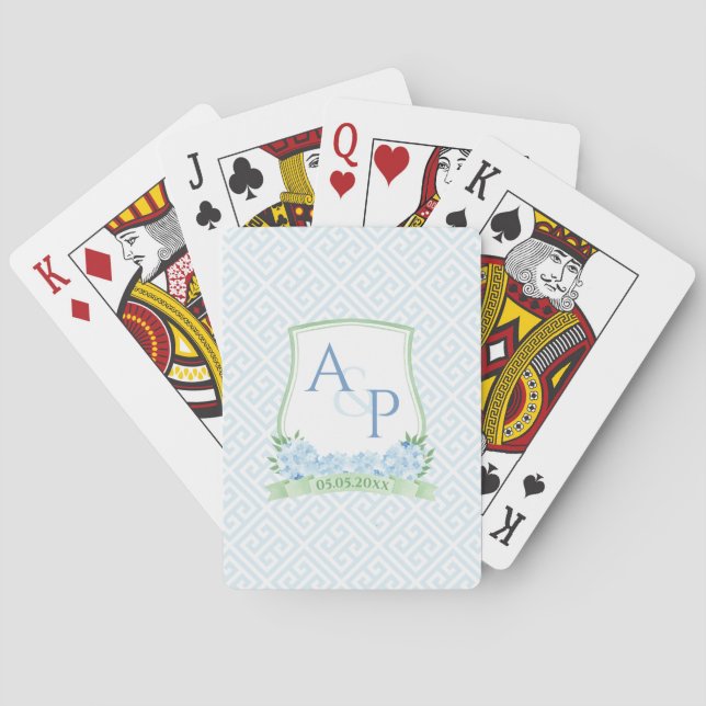 Botanical Green Blue Monogram Wedding Favor Poker Cards (Back)