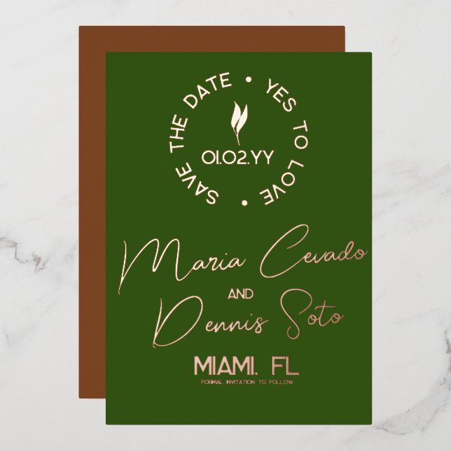 Botanical Green Brown Script Save the Date Foil Invitation (Front/Back)